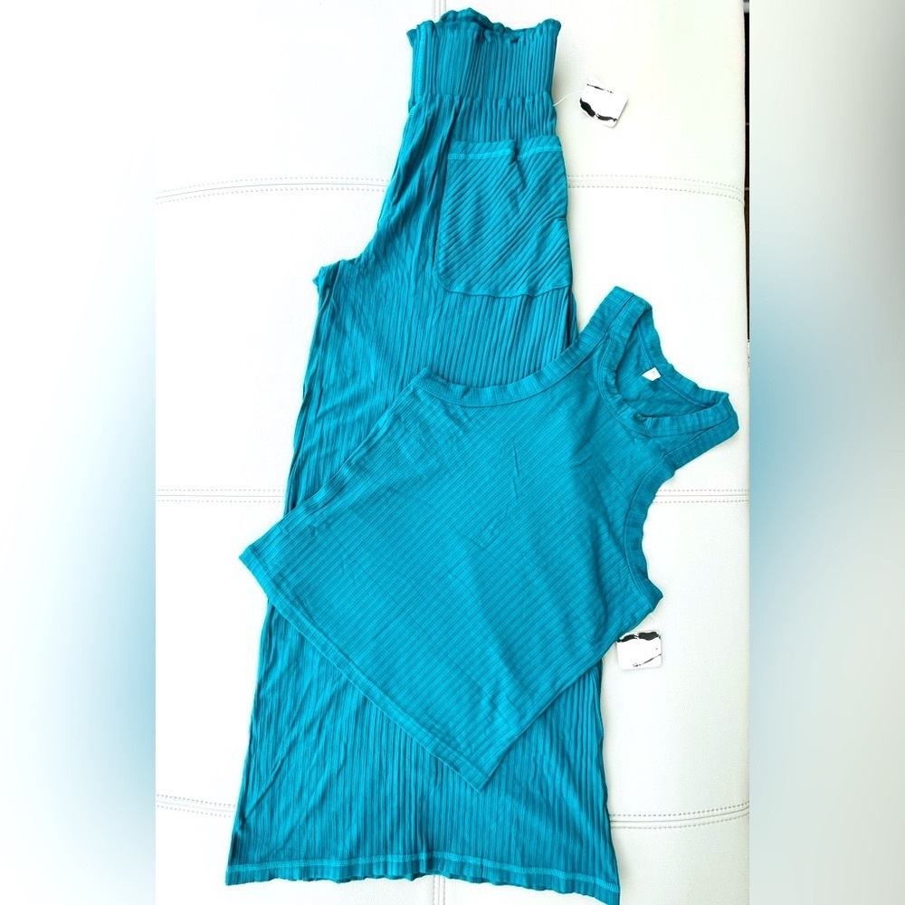 NWT! Free People
Take Everywhere 
Tank Top + Wide Leg Pants 
in Teal Blue/Green